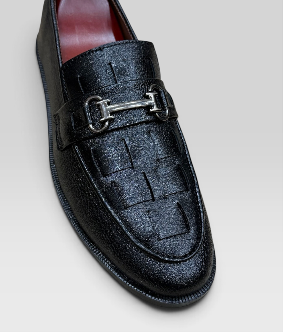VELORO black formal loafers for men featuring a woven-look vamp, silver horsebit detail, and deep red interior lining.