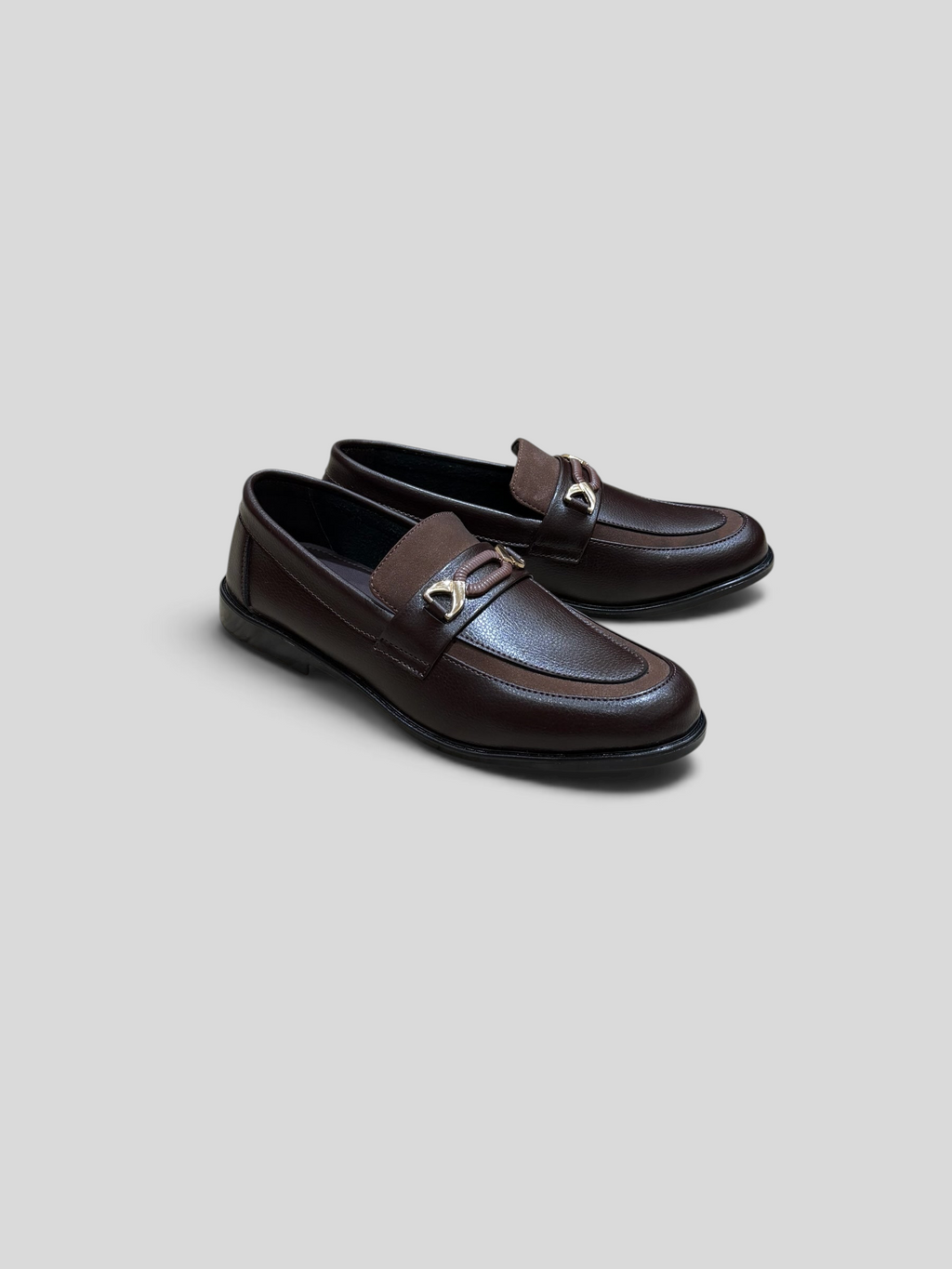 VELORO dark brown formal loafers for men featuring a textured finish and elegant gold-toned metal hardware on the vamp.