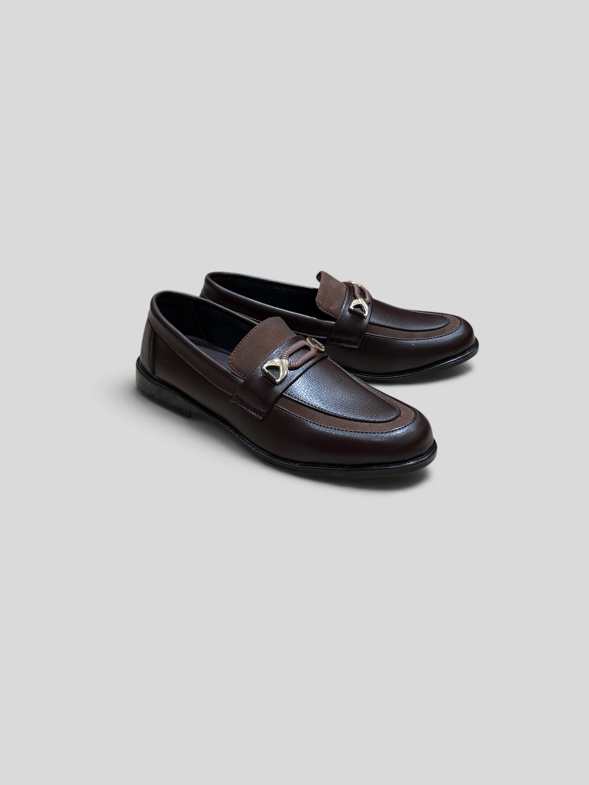 VELORO dark brown formal loafers for men featuring a textured finish and elegant gold-toned metal hardware on the vamp.