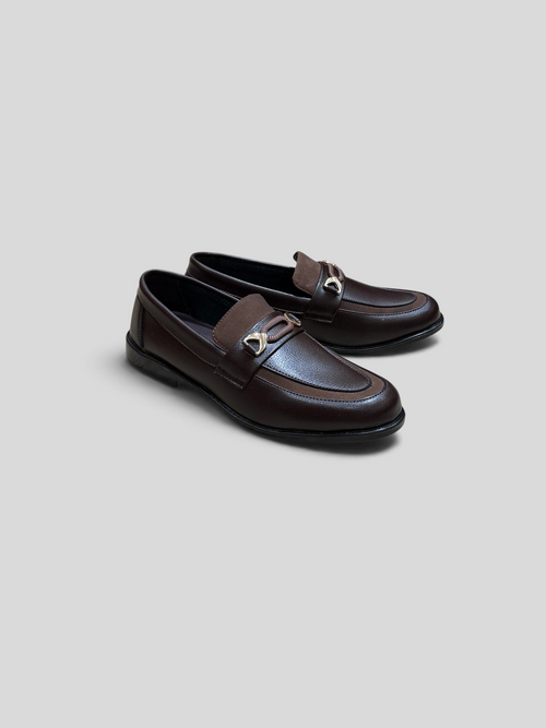 VELORO dark brown formal loafers for men featuring a textured finish and elegant gold-toned metal hardware on the vamp.